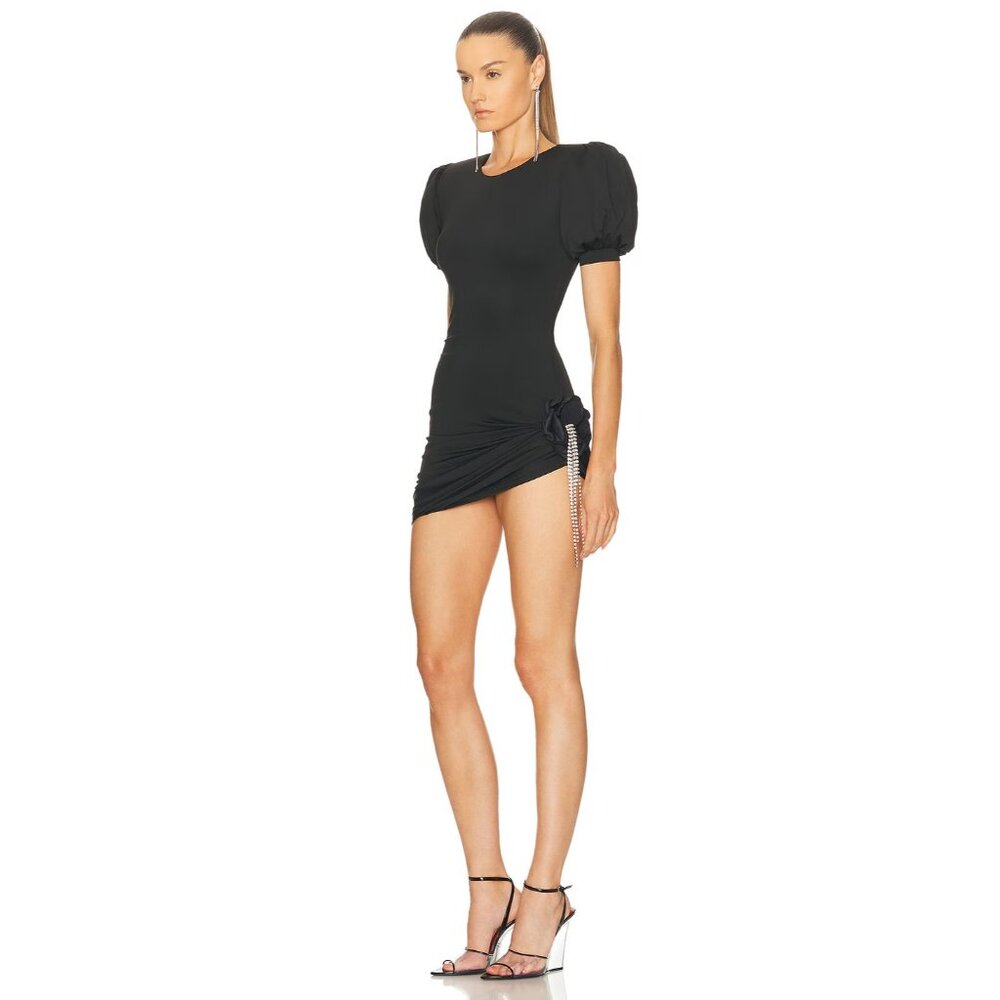 AREA Crystal Crystal Flower Draped Short Sleeve Mini Dress in Black - Picture 3 of 5